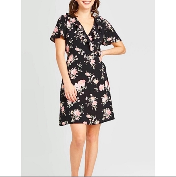 Xhileration Black Pink Floral Wrap Front Casual Summer Midi Sun Dress Medium - Picture 3 of 8